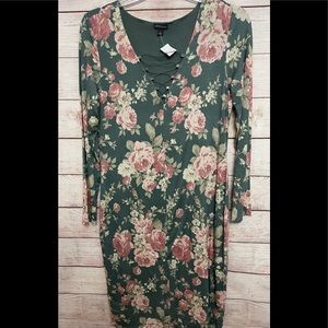 NWT Bold Elements Green Floral Long Sleeve Dress Women's Size Large Lined